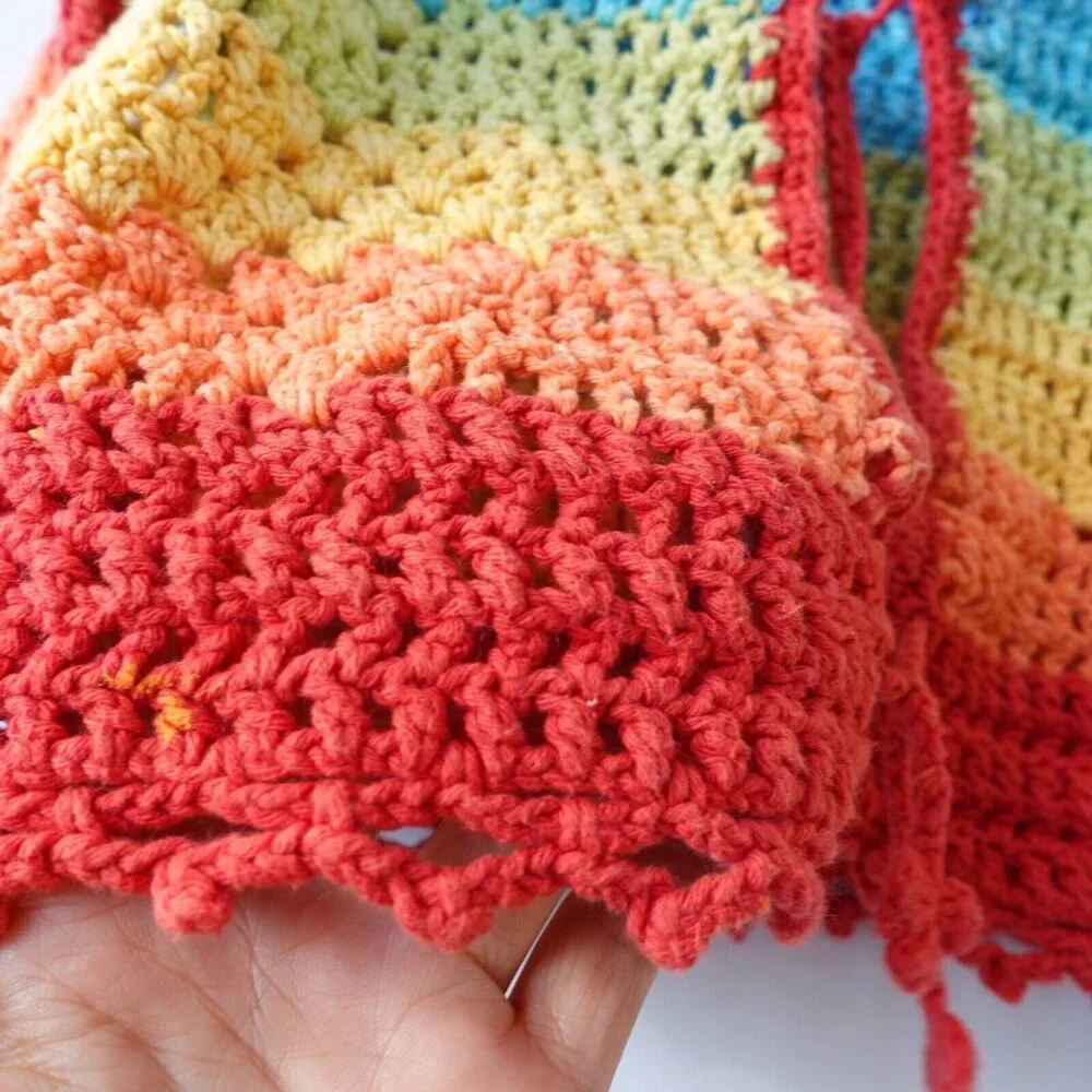 Rainbow Cropped Sweater Girls XL Cardigan Handmade Crochet‎ Bold Open Boho Y2K
